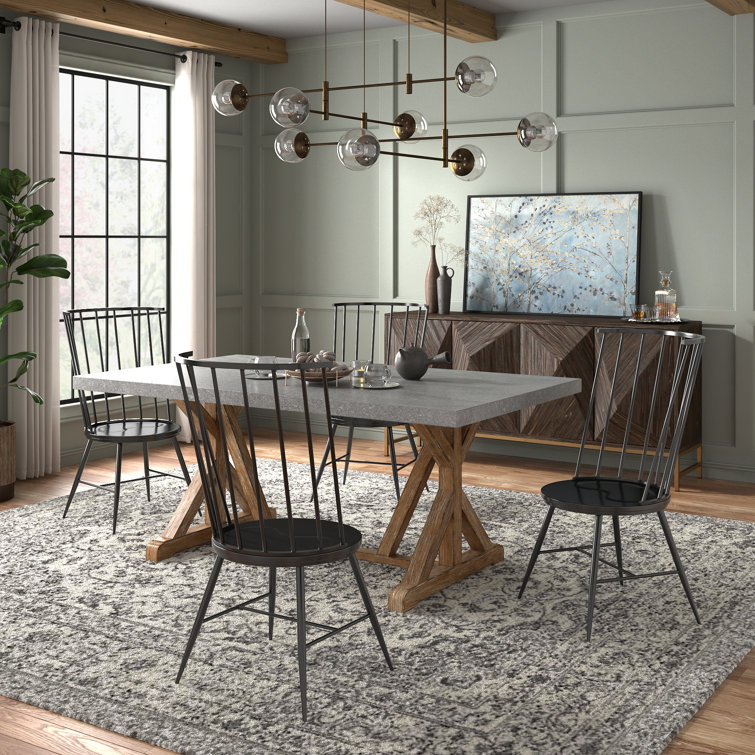 Durga Rustic Pine Frame Concrete Veneer Top Dining Table And Windsor Chairs Set - Full Concrete Veneer Top Table And 4 Chairs