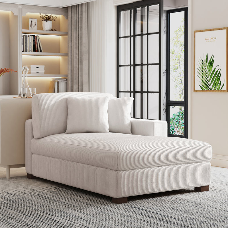 Chaise longue moderne rembourrée avec deux coussins et pieds en bois massif l 42,2 po Yalisa, Gauche, Velours côtelé beige