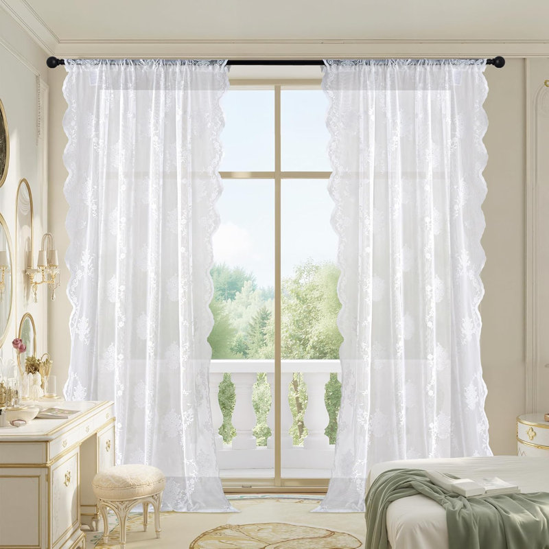  Short Sheer Lace Curtains, Vintage Floral Semi Sheer Privacy Curtains for Kitchen Living Room Bedroom Light Filtering Drapes, Rod Pocket, 2 Panels