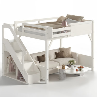 Lit mezzanine double Haven avec garde-corps pleine longueur et escalier pour enfants