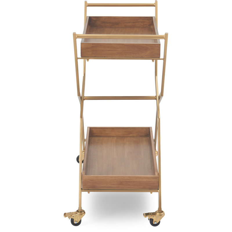 Gold and Walnut Wood 2-Tier Rolling Bar Cart with Storage