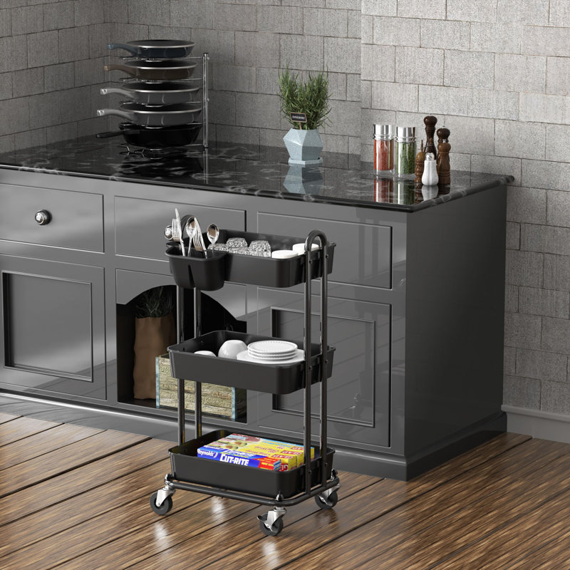 Black Metal 3-Tier Rolling Utility Storage Cart with Wheels