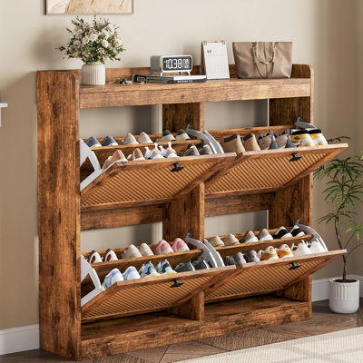 Shoe Storage Cabinet with 4 Flip Drawers, Wood Shoe Cabinet with Rattan Doors and Adjustable Shelves