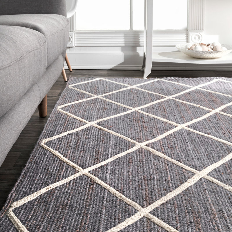 Tapis gris en jute / sisal tissé à la main à motif géométrique Augeron, Rectangle 7 pi 6 po x 9 pi 6 po