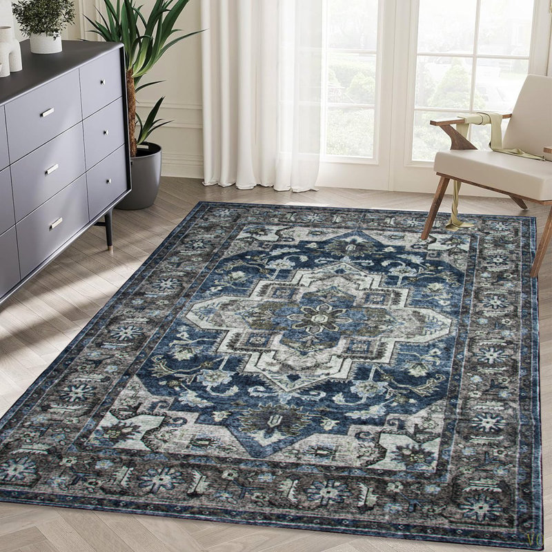 Area Rug 5X7 Vintage Bohemia Non-Slip Washable Rug For Living Room Kitchen Bedroom Living Room Flower Design
