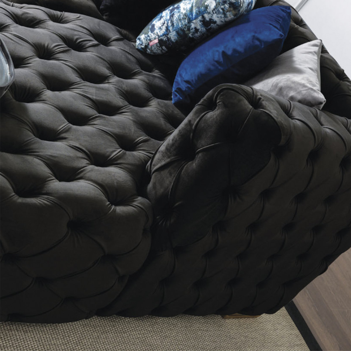 Condition photo showing Good Condition for verble velvet u-shaped fully button tufted sectional symmetrical by everly quinn fabric: black velvet chrome leg