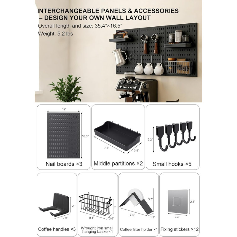 Ensemble de rangement mural Coffee Pegboard - Porte-tasse à café mural avec crochets, porte-gobelets et paniers - Postes à café pour la maison et le bureau (noir)