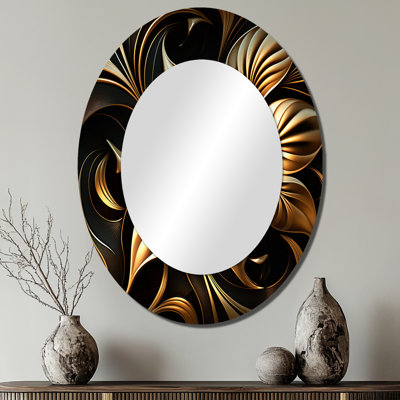 Golden Lily On Black I - Lily Decorative Mirror, Modern Wall Mirror, Printed Metal Art