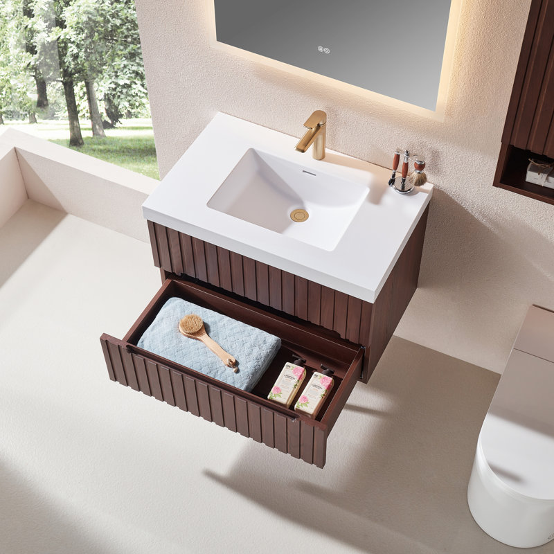 Meuble-lavabo suspendu de 76 cm (30 po) avec lavabo intégré en acrylique, 2 tiroirs et fini noyer foncé, 30"