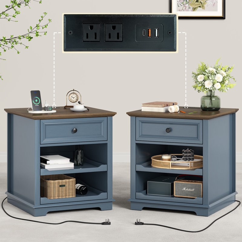  Monrovia 1 - Drawer Set Tray End Tables with Storage and Built-in Outlets for Living Room,Bedroom,Office, Brown/Blue