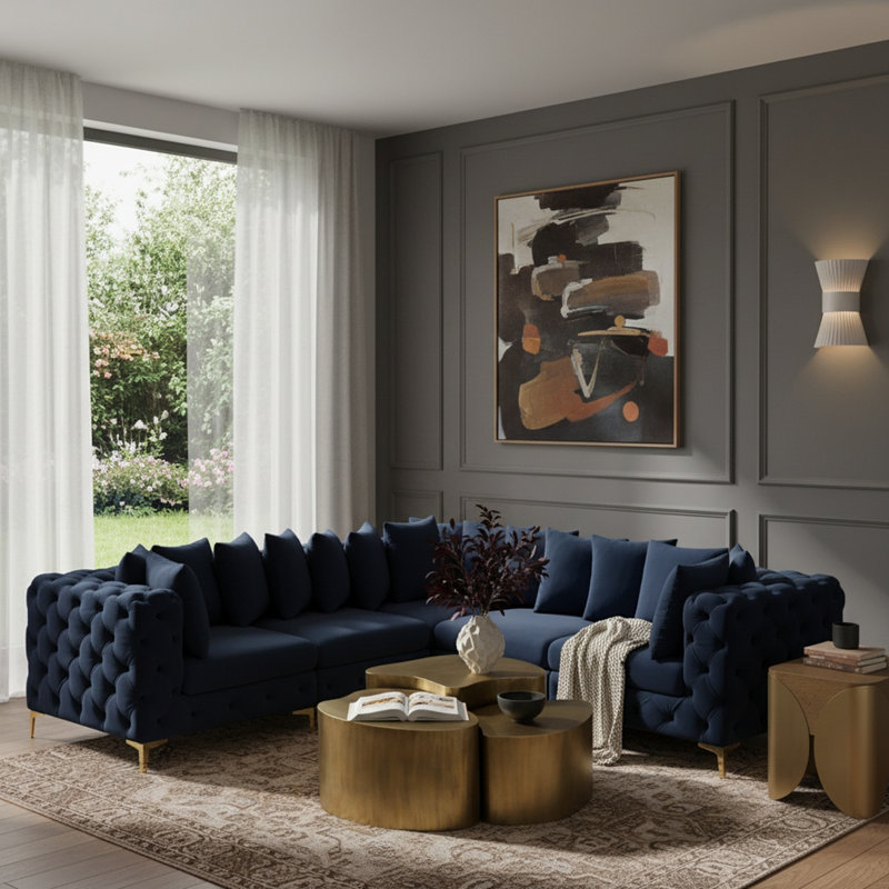 Canapé modulaire réversible en velours 108 po, Velours bleu marine