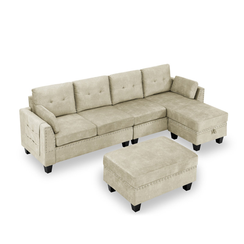Canapé modulaire avec rangement 3 têtes cloutées, Velours beige