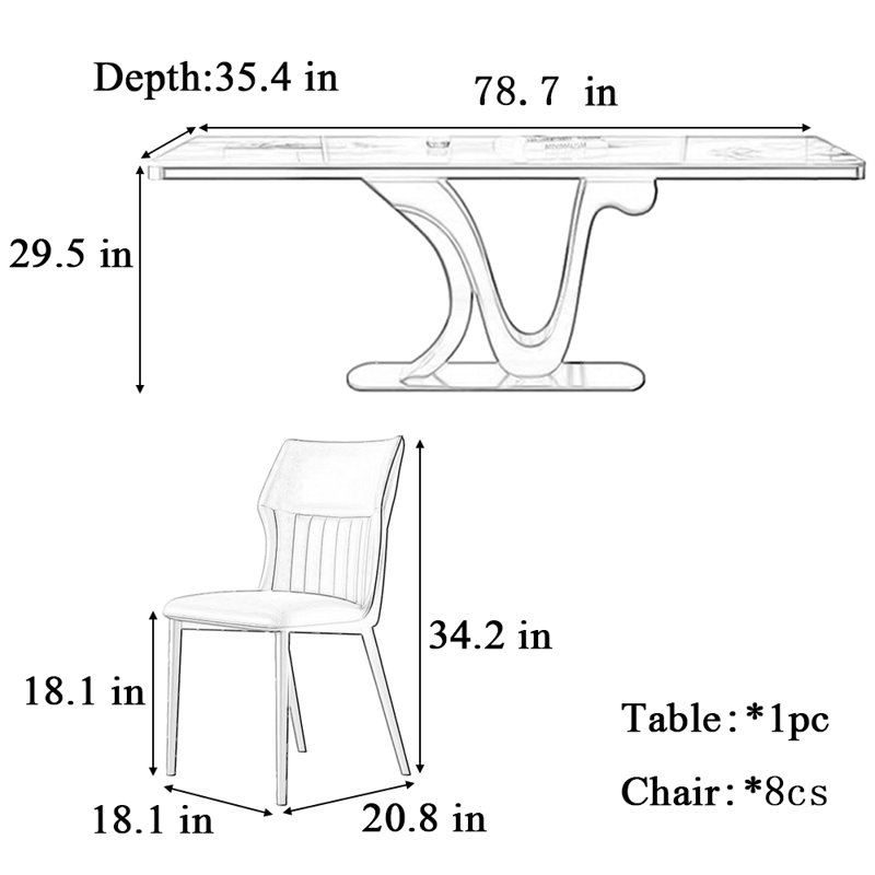 Rectangular new simple dining table and chair, Black, 29.5"H x 78.7"L x 35.4"W