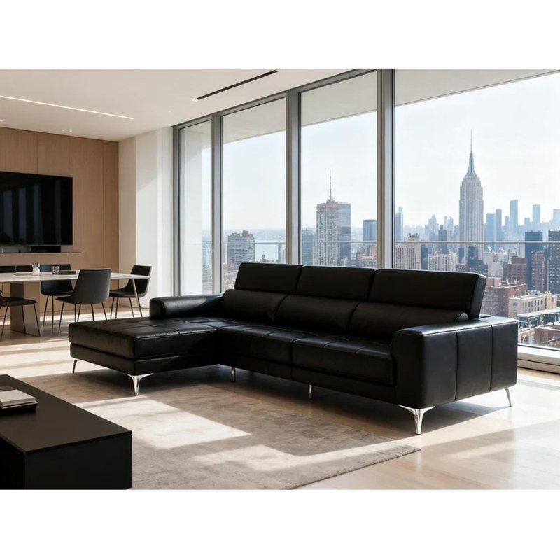 Ladonnia Black Genuine Leather Sectional,Sectional Sofa,Left Hand Facing Chaise with Adjustable Headrest, Left Hand Facing