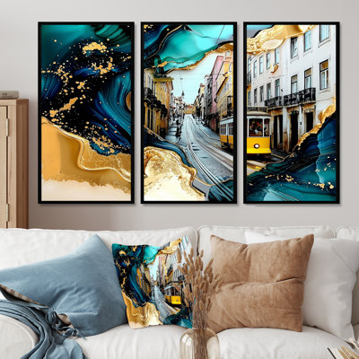 Emerald Lisbon Rues In Portugal I - Portugal grand art mural - 3 panneaux