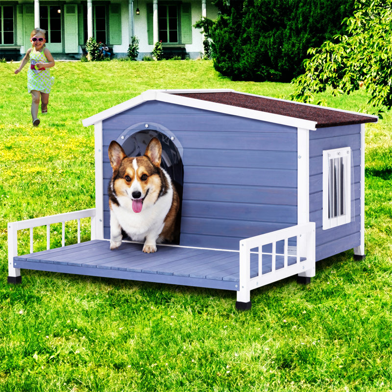 Large Blue and White Wooden Dog House with Terrace