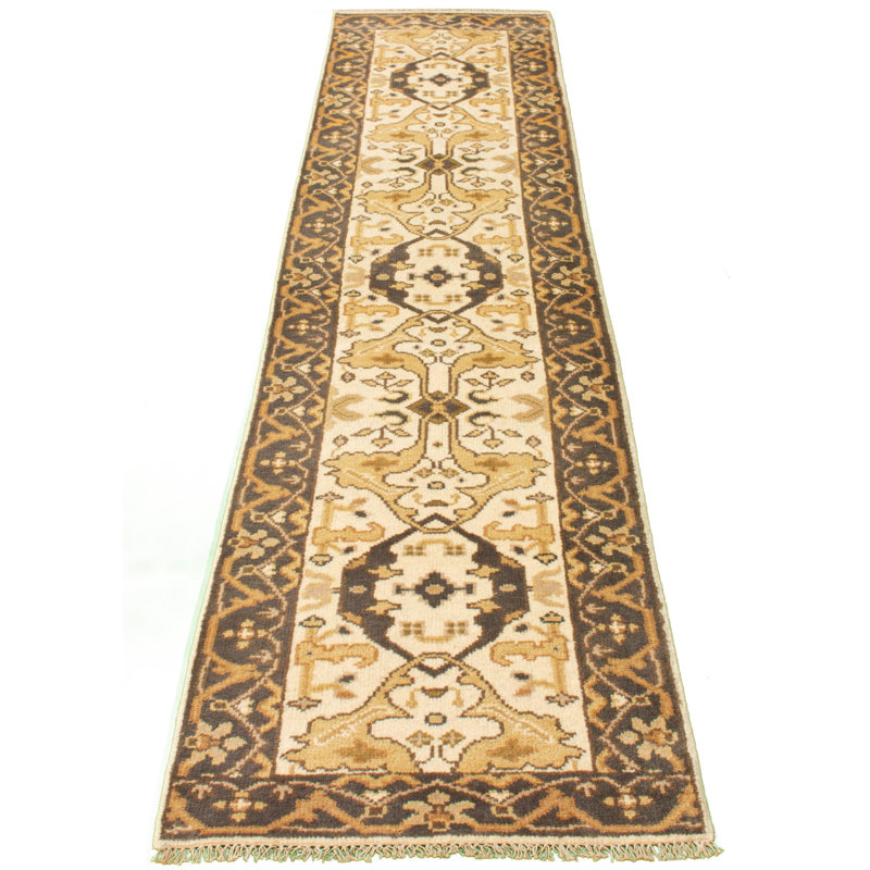 Tapis de couloir en laine noué à la main de conception unique noué à la main New Age 2 pi 7 po x 9 pi 9 po Tapis décoratif Ivoire/brun