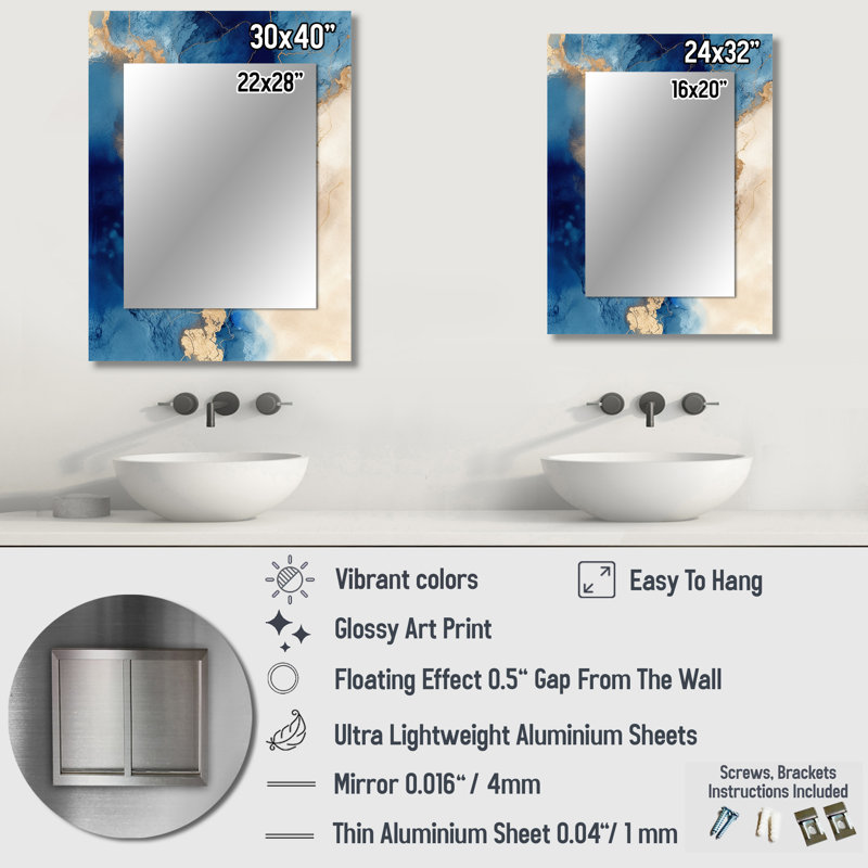 Blue and Gold Marble Clouds VII - Large Wall Mirror On Metal, 32 po x 24 po