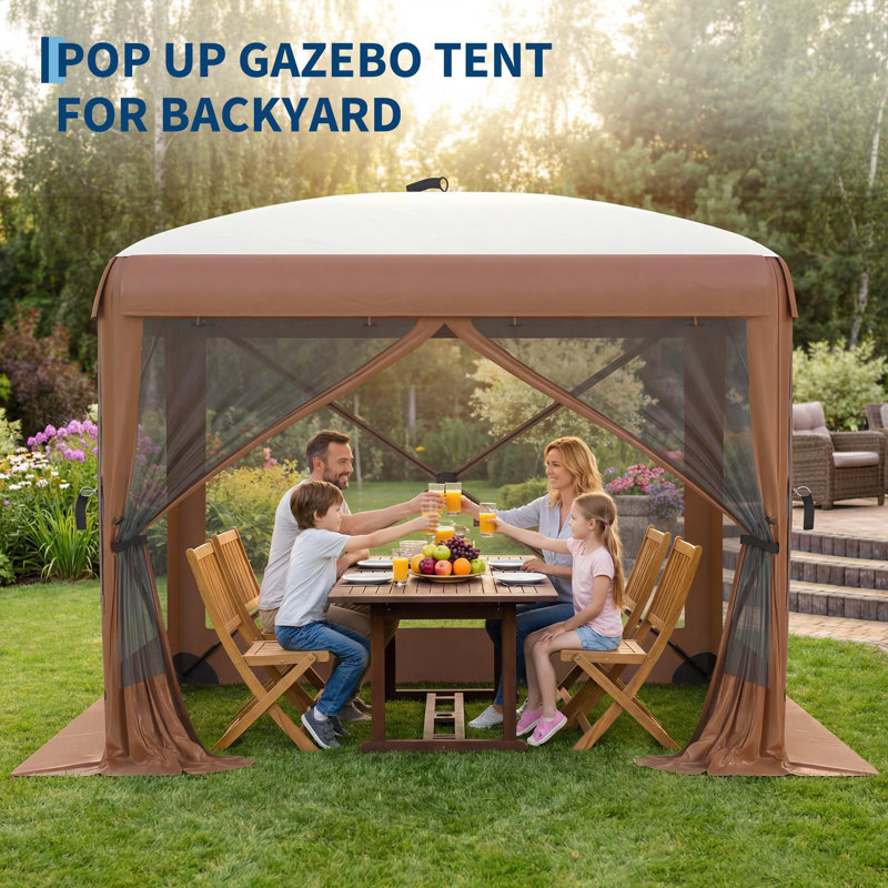 Tente escamotable 8 x 8 pi à maille 6 côtés et chiffons amovibles, abri de jardin extérieur imperméable pour patio et camping, brun