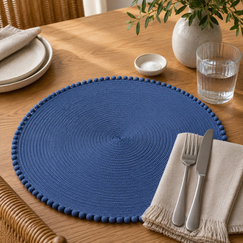  Ensemble de 6 napperons tissés ronds 15 po Pom Pom, Bleu