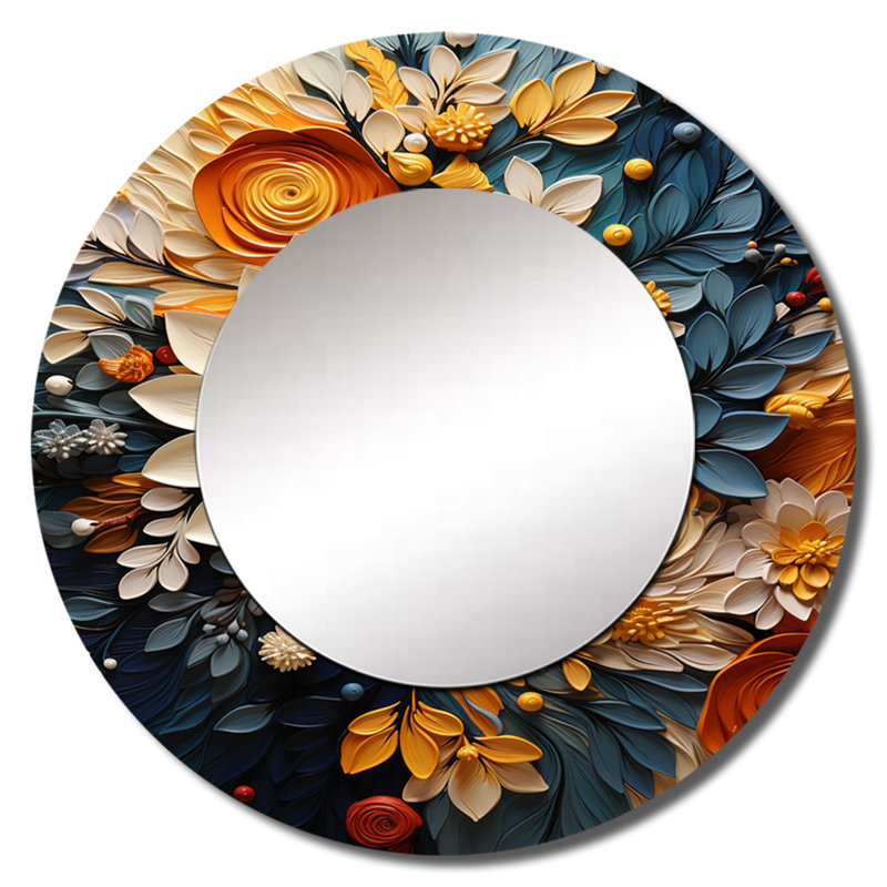 Pratheek orange sarcelle botanique tourbillon IV - grand miroir botanique, miroir mural décoratif rond moderne, impression d'art en métal