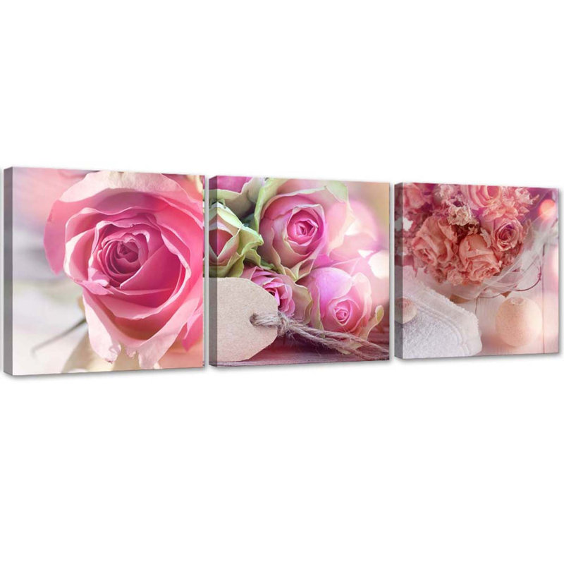 Pink Vintage Roses - 3 Piece Wrapped Canvas Print Set, 40cm H x 120cm W