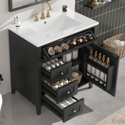 Meuble-lavabo moderne de 30 pouces avec lavabo, panneau de fibres à densité moyenne et armoire en bois d'hévéa, 3 tiroirs, tablette réglable, autoportant pour le rangement et l'organisation