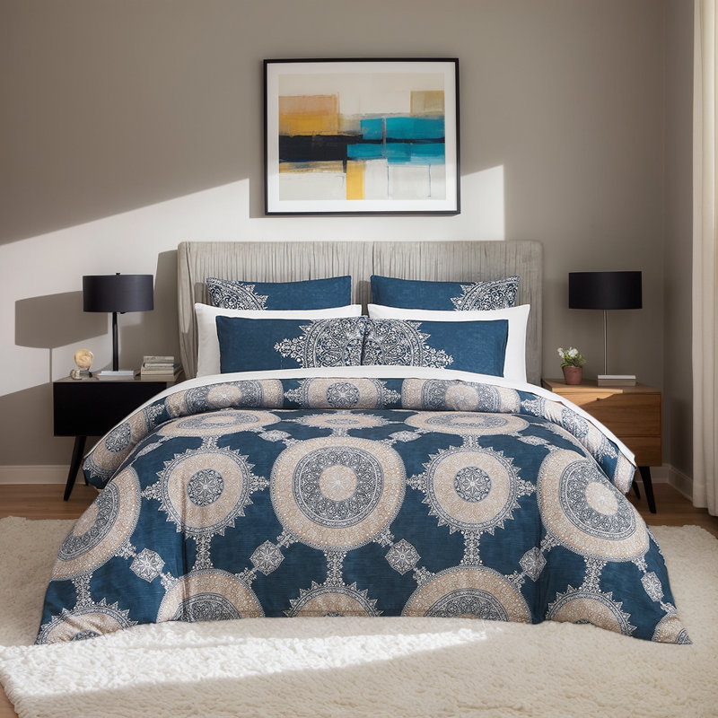 Dailynap Blue Bohemian Style Printed Bedding Set, King Duvet Cover + 2 Pillowcases