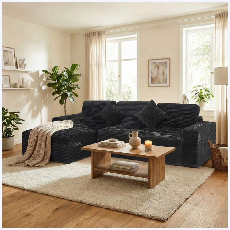 Ensemble de canapé modulaire bricolage en fausse fourrure de lapin noir avec repose-pieds 105 po