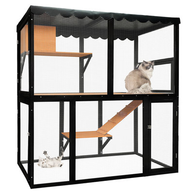 Grand enclos extérieur pour chats, avec structure en bois à 4 niveaux et toit imperméable, idéal pour plusieurs chats. Zones d'activités pour se lancer dans l'aventure.