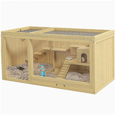 PawHut Wooden Hamster Cage, Extra Large Gerbil Cage, Multi-Layer Small Animal Cage for Dwarf Hamster, Activity Center with Pull-out Tray, Seesaws, Water Bottle, Ladder, Openable Top