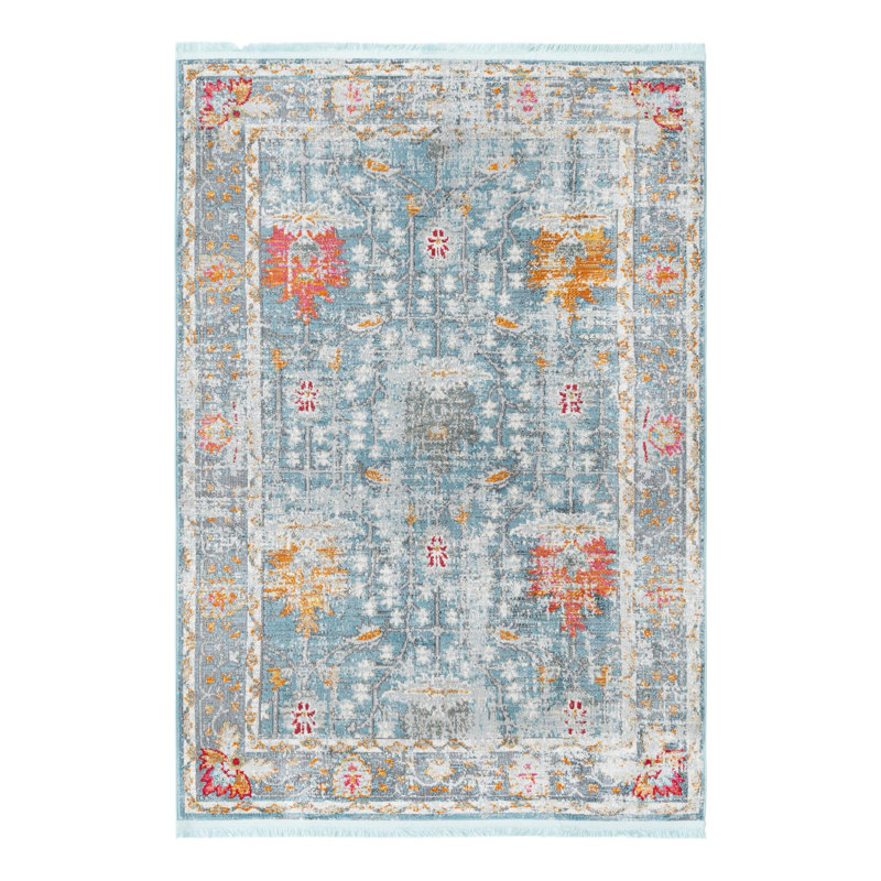 Tapis bleu à motif floral Haefner, Rectangle 4 pi 3 po x 6 pi