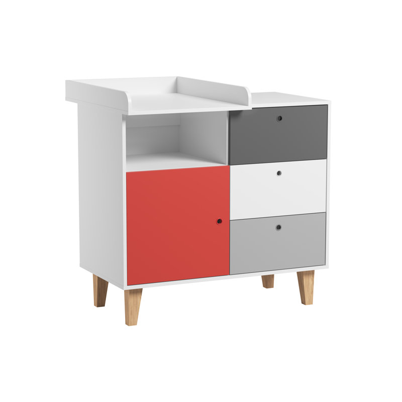 Aleana Solid Wood 103.5cm W 3 - Drawer Chest of Drawers, White/Grey/Dark Grey/Red