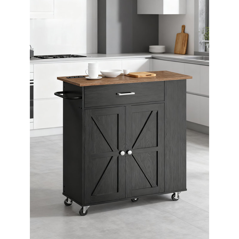 Mobile Kitchen Island Cart With Charging Station, Ample Storage Cabinet, Spice Rack, And Locking Wheels For Flexible Use In Kitchen Or Dining Room