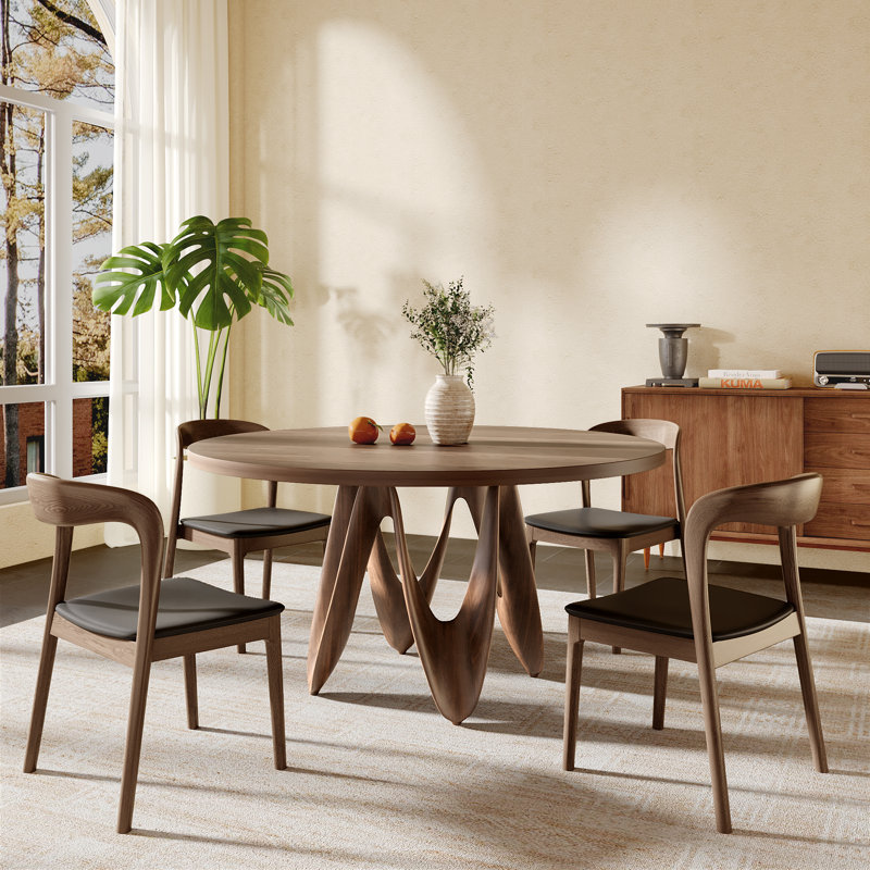 Table de salle à manger ronde en bois massif de couleur noyer avec base courbée artistique, table de salle à manger contemporaine jusqu'à 8 personnes