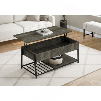 Table basse, L 42 po, cocktail, plateau relevable, rectangulaire, rangement, salon, stratifié bronze foncé, métal noir, contemporain, moderne
