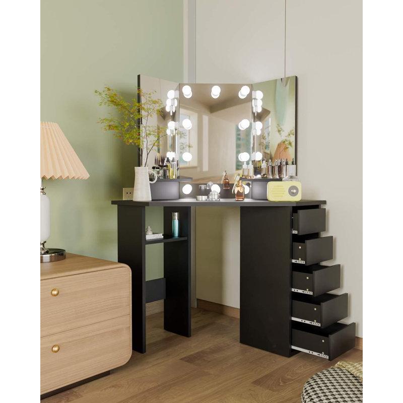 Coiffeuse Kialen avec 3 miroirs et 5 tiroirs, Noir