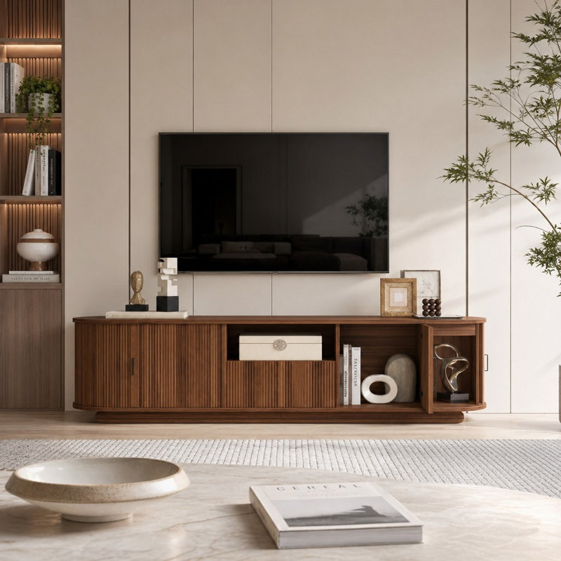 Meuble télé multi-rangement avec tablette ouverte, tiroir coulissant lisse, armoires spacieuses, compartiments coulissants cachés, coins de sécurité arrondis, surface supérieure imperméable, fabrication robuste