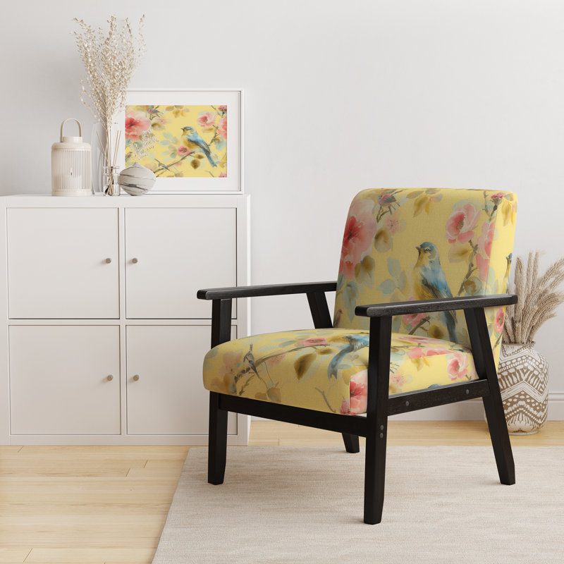 Fauteuil d'appoint rembourré Beautiful Bird Romance I, Mélange de polyester jaune, Noir