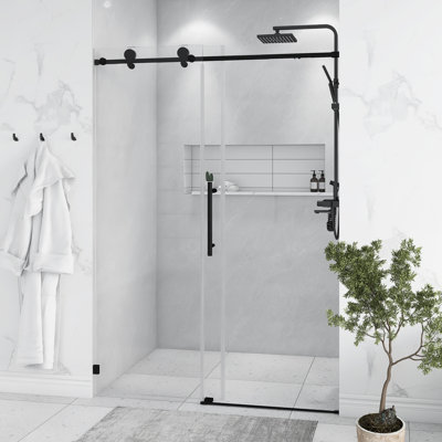 Portes de douche coulissantes à fermeture en douceur noir mat sans cadre l 50 à 54 po x H 76 po, porte en verre trempé épais de 5/16 po (8 mm)