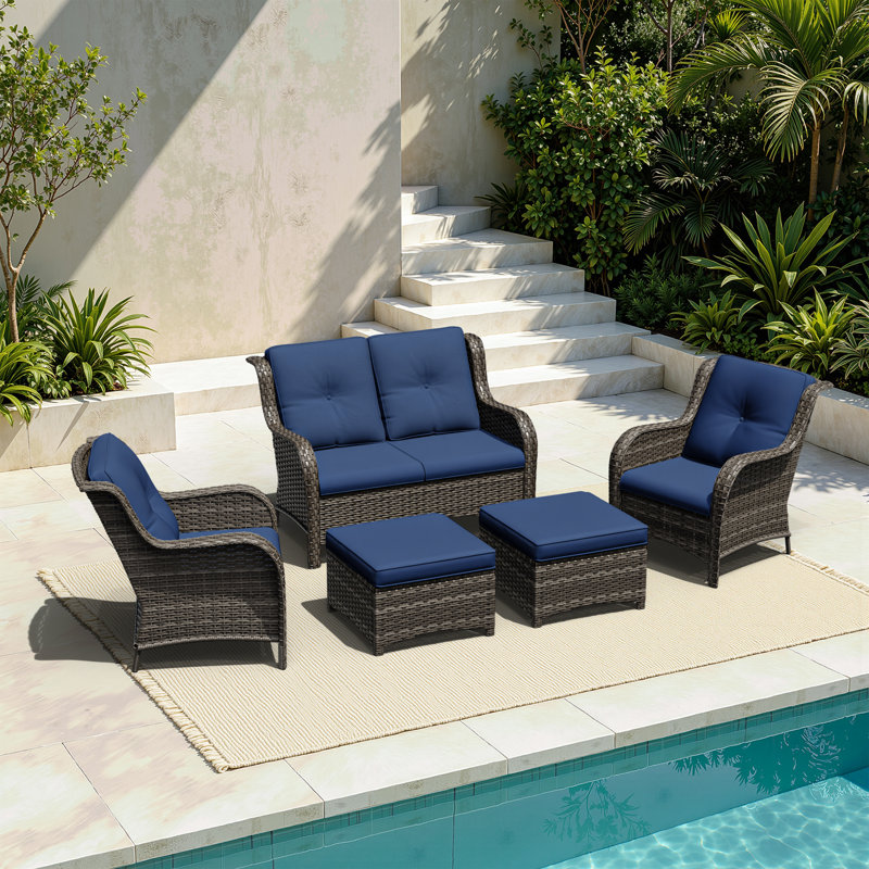 5-Piece All-Weather Wicker Patio Conversation Set With Loveseat, Arm Chairs & Ottomans, Outdoor PE Rattan Furniture With Cushions For Backyard, Porch & Deck