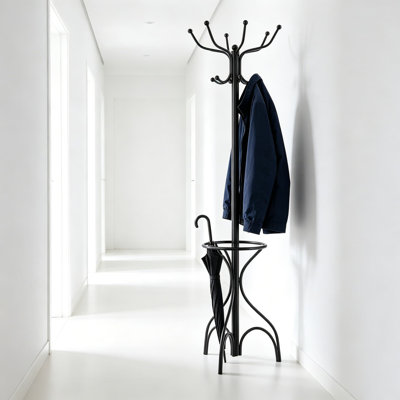 Freestanding Coat Rack 75 Inch Heavy Duty Metal Hanger Stand with Umbrella Holder, 12 Hooks Entryway Hat Jacket Scarf Bag Hanger for Home Office, Black