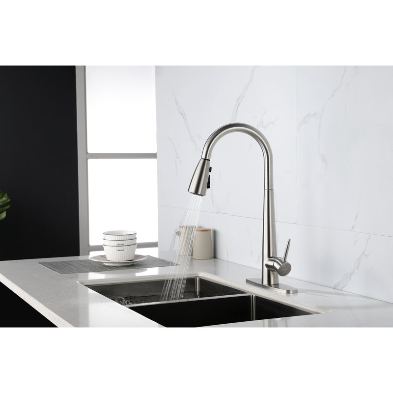 Robinet d'évier de cuisine à poignée simple avec tirette en acier inoxydable, couleur nickel brossé, buse rotative à 360 °, trois réglages de débit d'eau pour le lavage et le rinçage dans la cuisine, température facile