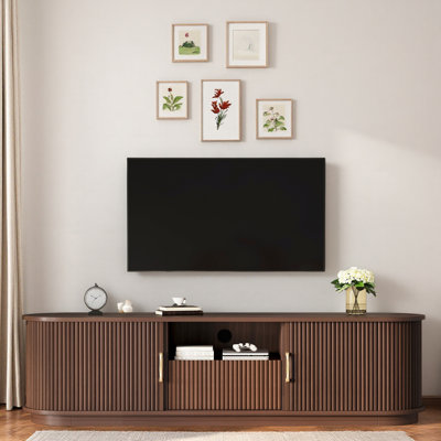 Meuble télé vintage rétro avec portes coulissantes en bois à lattes, tiroir, tablettes réglables et gestion des câbles