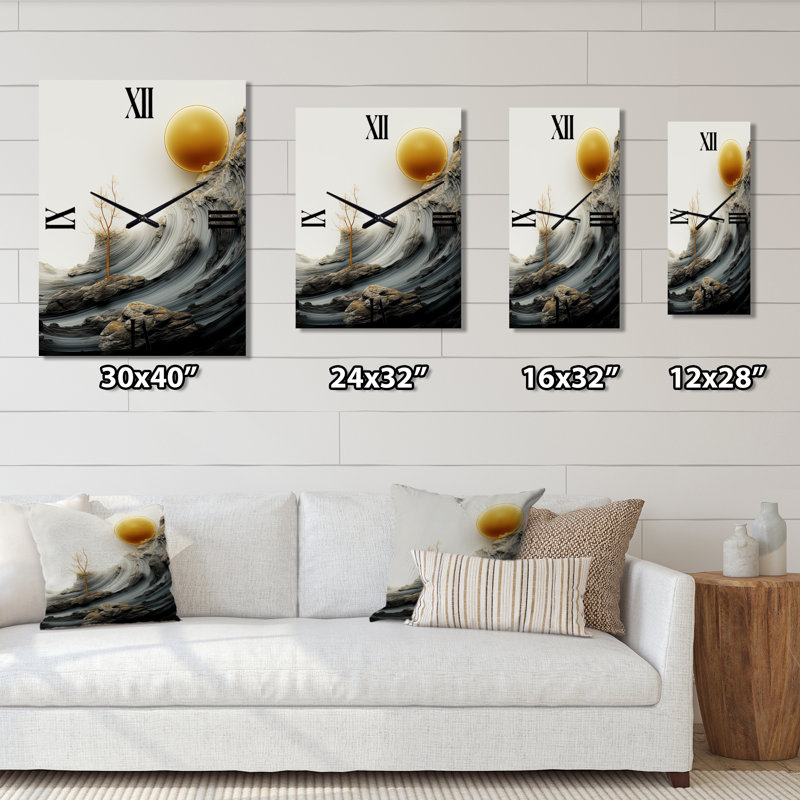Horloge murale abstraite paysage marin pleine lune sauvage - vagues côtières, Grand