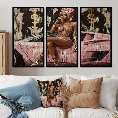 Blonde Boss Girl In Pink Lambo I - Boss Woman Wall Decor Set