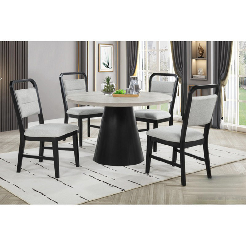 Contemporary Dining Room 5 Piece Set Solid Wood Round Dining Table with 4 Upholstered Side Chairs, Grey/Black