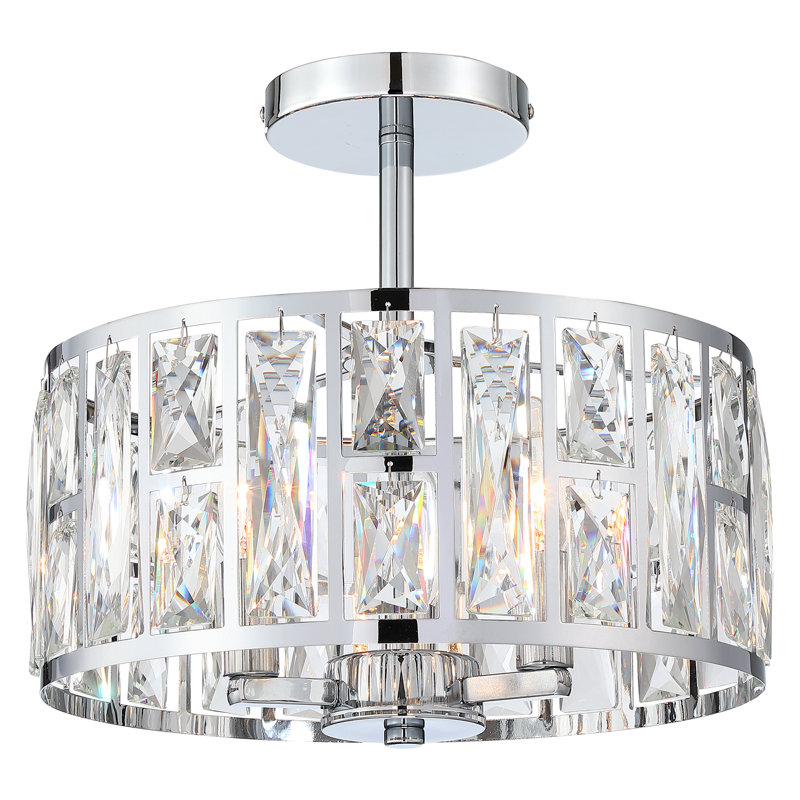 Plafonnier semi-encastré à 3 lumières de 30 cm de large avec cristaux, fini nickel poli et abat-jour cylindrique, idéal pour la chambre et le hall d'entrée.
