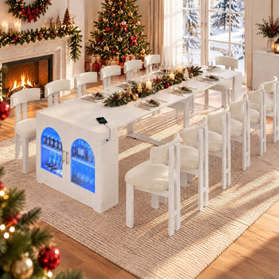 23”-118” Extendable Dining Table with 5 Leaves, Glass Cabinet, Adjustable LED and Charging Station, Spacing-Saving Kitchen Table with Storage