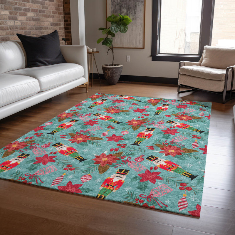 Tapis sarcelle Xhevrie bleu sarcelle lavable à la machine intérieur / extérieur, Rectangle 9 pi x 12 pi